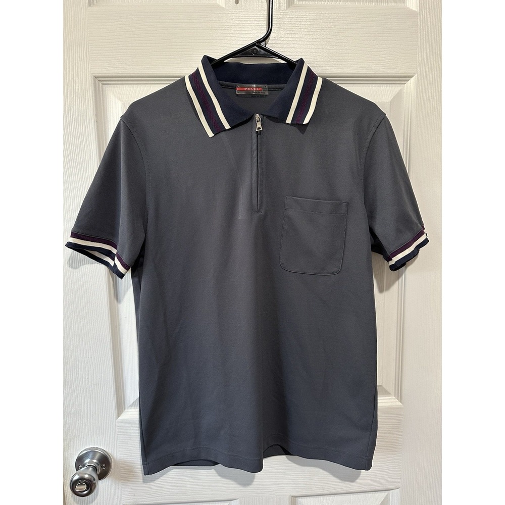 Prada Sport Vintage Red Tab 1/4 Zip Collared Pocket Polo Shirt Grey Size Large